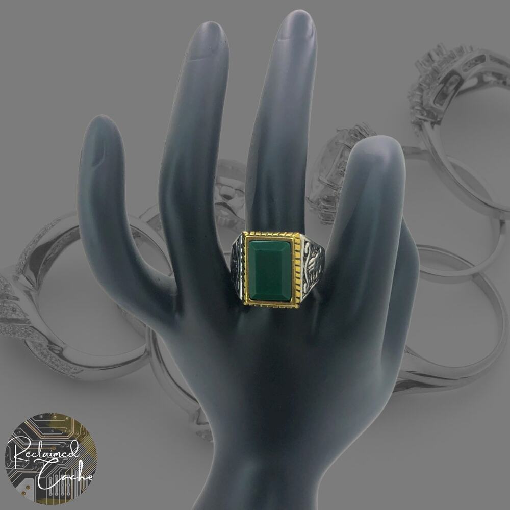 Silver and Gold Boho Ring with Green Stone - Size 8.5